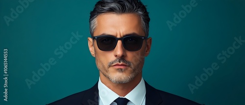 Confident Wolf in Dark Suit and Sunglasses Facing with a Serious Authoritative Expression photo