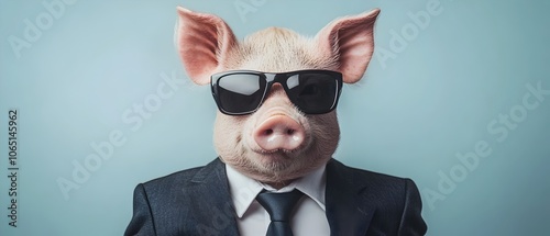 A well groomed and fashionable pig wearing a tailored suit and dark sunglasses exuding a bold and confident expression as if ready to take on the corporate world photo