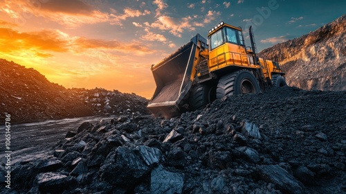 Coal production visual with large piles of coal ready for processing and shipment photo