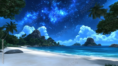 Tropical Beach Night Landscape with Starry Sky and Palm Trees