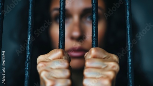 A woman holds onto prison bars, conveying emotions of captivity and despair in a somber, close-up shot.