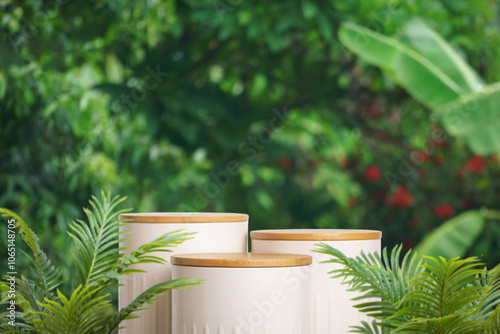 Minimal podium table top outdoors blur green leaf tropical forest plant background.beauty cosmetic healthy natural product placement pedestal display,jungle paradise concept.