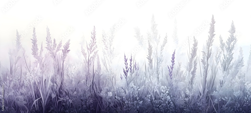 Fototapeta premium A serene landscape featuring tall, flowing grasses with gentle hues of lavender and gray, creating a tranquil atmosphere amidst a misty backdrop.