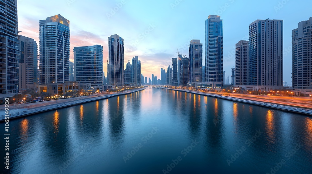 Obraz premium Explore the stunning skyline reflections of a modern city at dusk