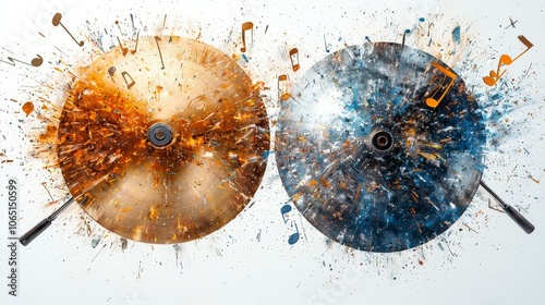 An artistic representation of two symmetrical cymbals dispersing bursts of musical energy and notes, embodying the essence of sound, creativity, and artistic expression. photo