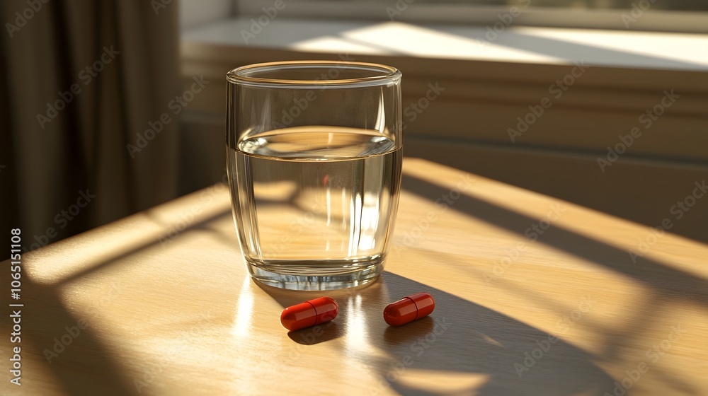 Glass of Water and Single Pill on Wooden Table for Daily Medication Routine Glass of Water and Single Pill on Wooden Table for Daily Medication Routine