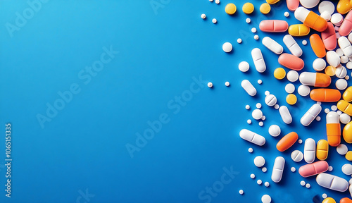 Pharmaceutical tablets and capsules scattered on empty background. Free space for design. generated ai