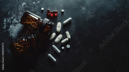 Pharmaceutical tablets and capsules scattered on empty background. Free space for design. generated ai