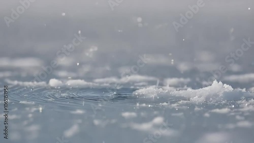 Snowflakes Landing on Glassy Frozen Lake, Snowflakes Falling on Smooth Frozen Water Surface
