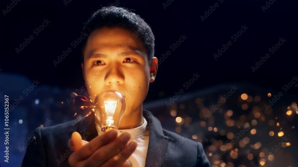 Empresario sosteniendo una bombilla con un efecto brillante sobre un fondo oscuro, pensamiento innovador para una nueva idea de plan de negocios e ideas de diseño creativo.	