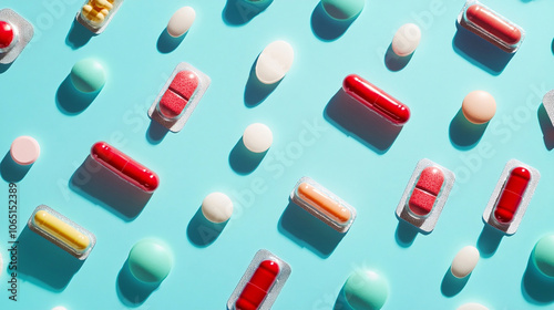 Pharmaceutical tablets and capsules scattered on empty background. Free space for design. generated ai