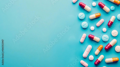 Pharmaceutical tablets and capsules scattered on empty background. Free space for design. generated ai