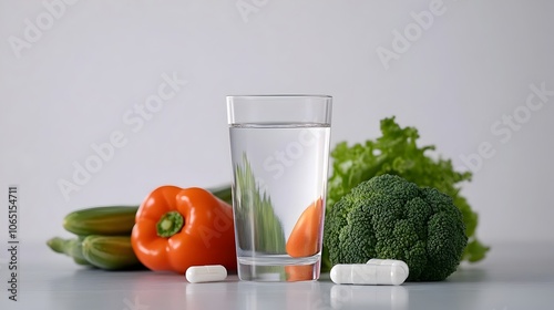 Carnosine Supplement with Fresh Vegetables and Glass of Water for Healthy Lifestyle photo