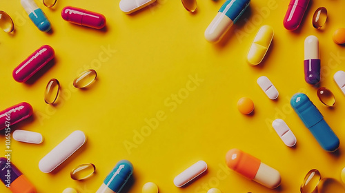 Pharmaceutical tablets and capsules scattered on empty background. Free space for design. generated ai