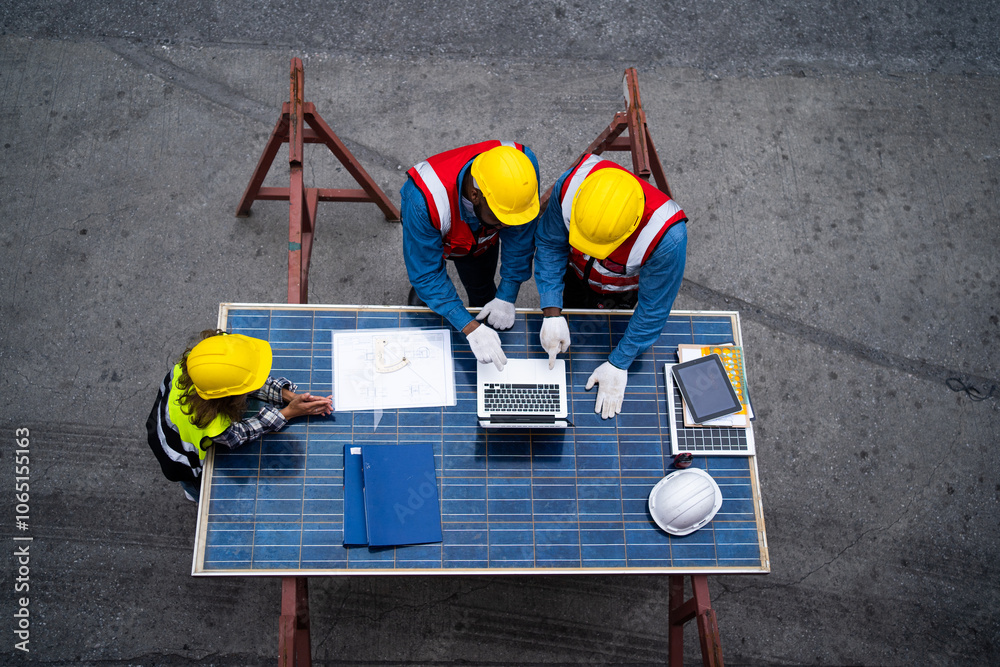Fototapeta premium Three men are working on a solar panel project. They are wearing safety gear and are looking at a laptop