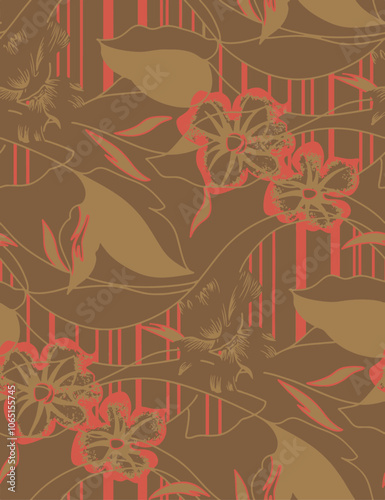Big flowers pattern, upscale floral pattern. graphical textures floral, trendy colors pattern,Monochrome, flowers background with leaves. vector illustration.