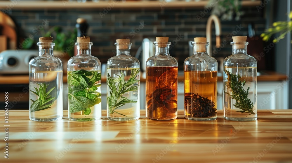 Vibrant infused oils display with fresh herbs in elegant glass bottles Vibrant infused oils display with fresh herbs in elegant glass bottles