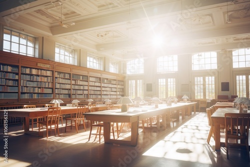 Reading room Interior of a library. Books on shelves and tables. Historical building.