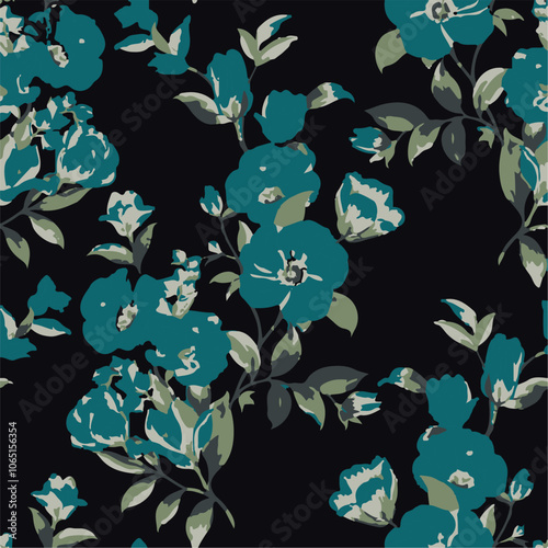 Big flowers pattern, upscale floral pattern. graphical textures floral, trendy colors pattern , flowers background with leaves. vector illustration.
