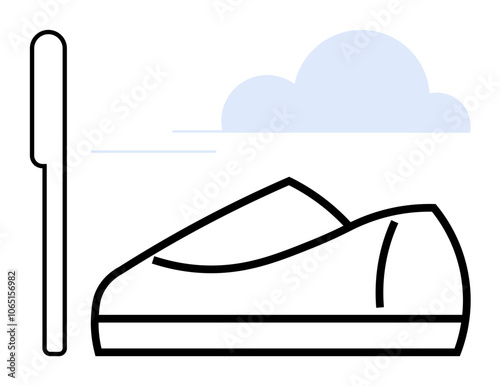 Shoe in profile view with a nearby upright element and a cloud in the background. Ideal for footwear branding, outdoor activities, comfort representation, minimalistic design, travel themes