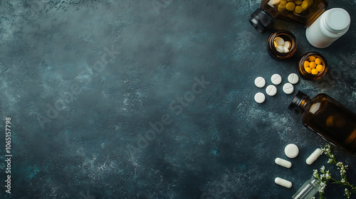 Pharmaceutical tablets and capsules scattered on empty background. Free space for design. generated ai