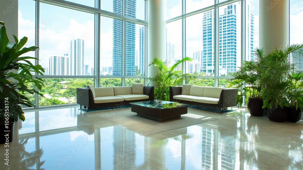 Fototapeta premium Modern Office Lobby With Urban View and Greenery