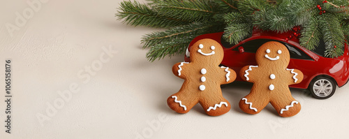 Christmas card with three gingerbread fir and one of them on car photo