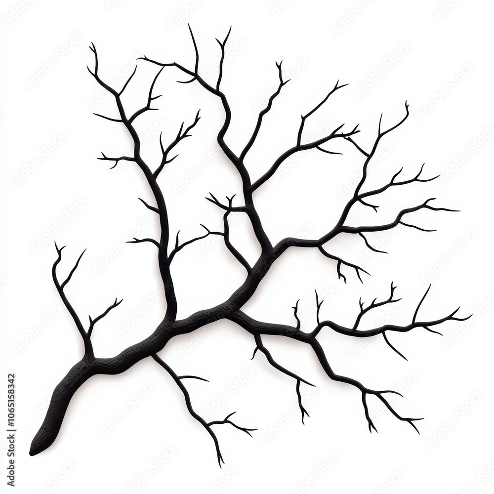 Fototapeta premium A stylized black tree branch with intricate, spindly twigs branching out, creating a striking minimalist silhouette against a white background isolated on white background.