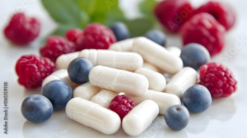 Nutritional Synergy:Carnosine Capsules and Fresh,Antioxidant-Rich Fruits photo