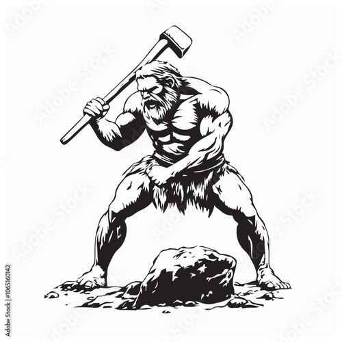 Cave prehistoric man with stone hammer Vector Image isolated on white background.