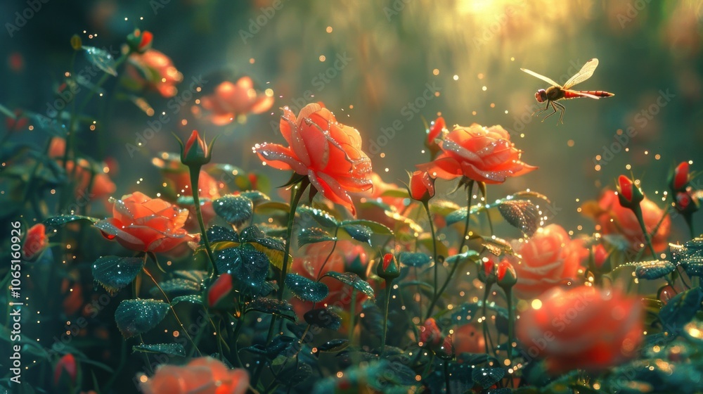 Obraz premium Dragonfly Soaring Over Dewy Roses