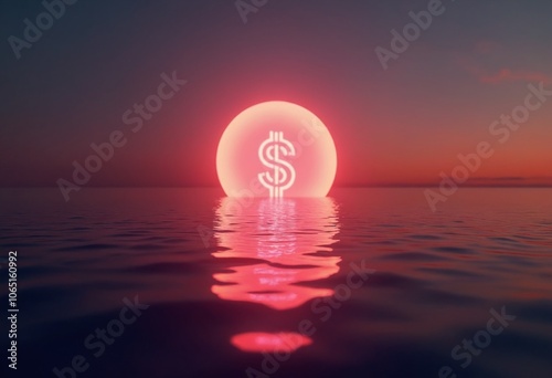 Neon Dollar Icon Reflected in the Peaceful Ocean at Sunset photo