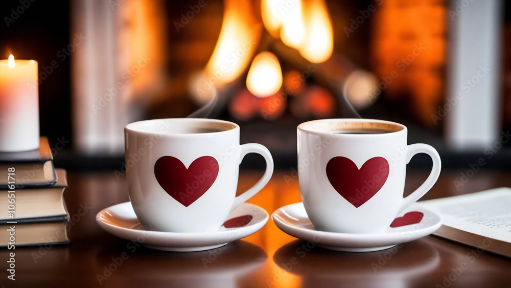 Fototapeta premium Two coffee cups with red hearts, cozy blurred background.