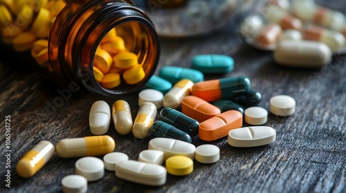 Pharmaceutical tablets and capsules scattered on empty background. Free space for design. generated ai