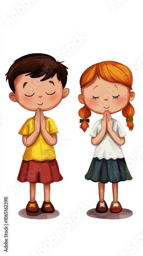 Children Praying Together - Cute Cartoon Characters