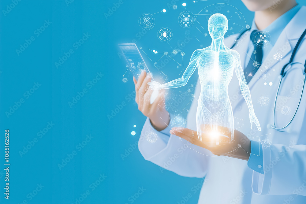 A doctor demonstrates digital technology to project a holographic human figure in a clinical environment A doctor demonstrates digital technology to project a holographic human figure in a clinical environment