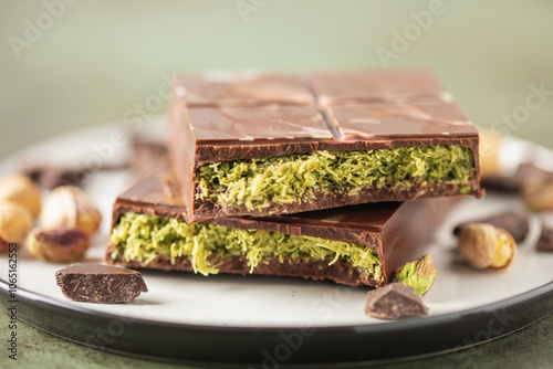 Dubai chocolate  with green kataifi and pistachio paste. Trend dessert