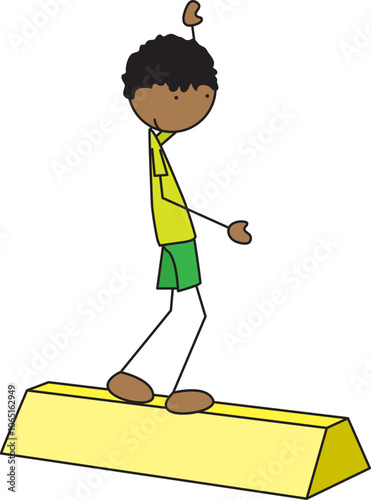 Cartoon vector illustration of a boy on a training foam balance beam