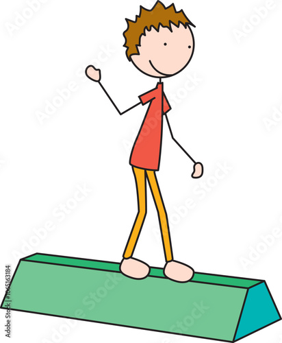 Cartoon vector illustration of a boy on a training foam balance beam