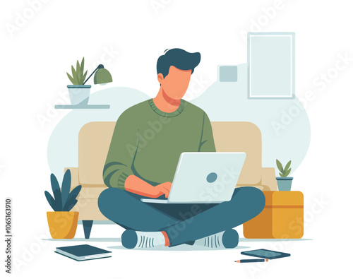 A man seated on the floor and using a laptop in flat vector illustration, work at home