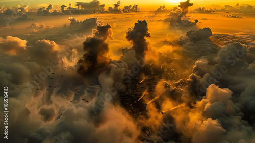 Aerial view of military aircraft releasing bombs on distant target, smoke and fire erupting from ground, intense action amidst cloudy sky.