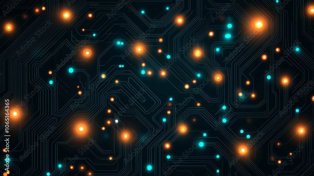 Obraz premium Abstract digital circuit board pattern with glowing lights in blue and orange.
