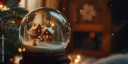 Snow globe with a tiny winter village scene inside, sparkling snow, holiday magic