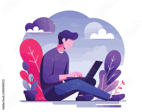 A young man sitting on the floor and working on a laptop in flat vector illustration