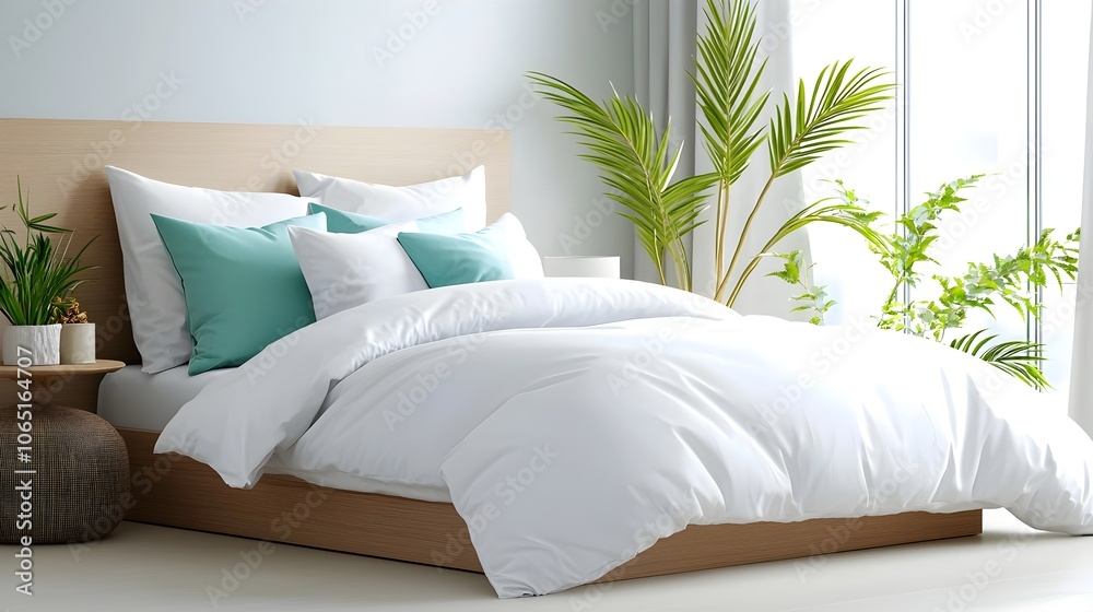 Obraz premium Serene and Luxurious Modern Bedroom with Abundant Natural Light and Calming Color Palette A cozy and inviting space featuring a harmonious blend of contemporary bedding