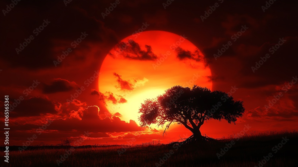Obraz premium A minimalist tree silhouette with detailed roots extending below the ground, blending into a vibrant orange-to-yellow sunset background, evoking a sense of growth and vitality. Transparent image 