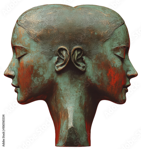 A bronze sculpture of two joined female heads in profile