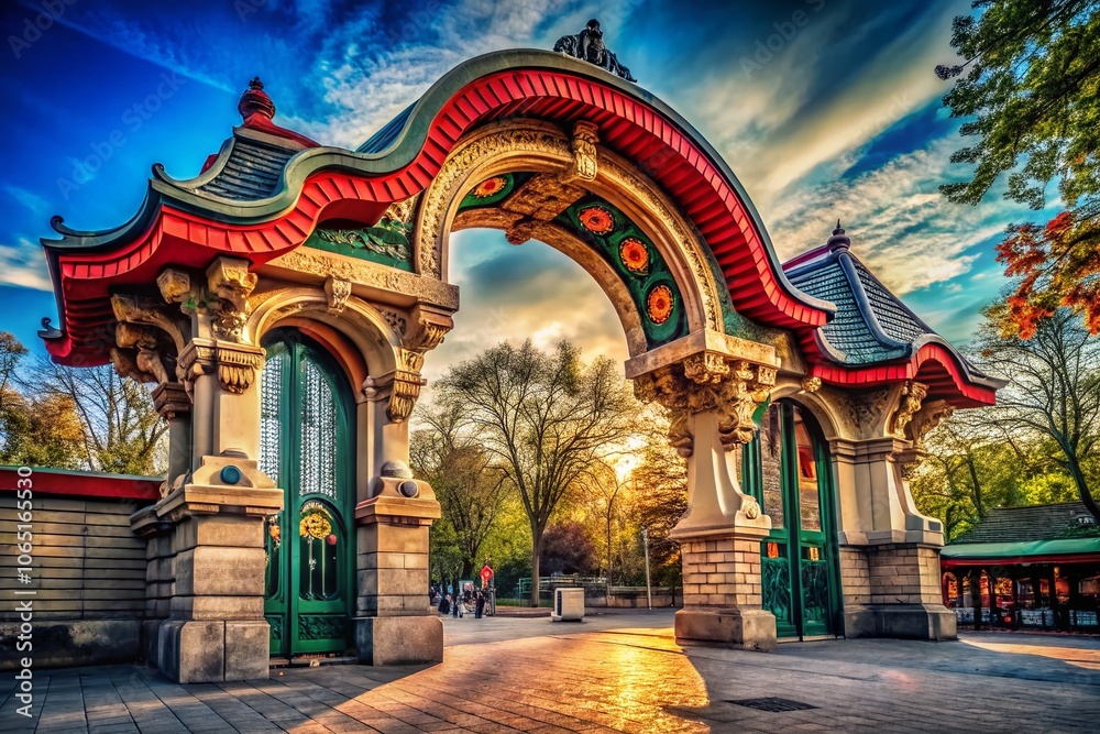 Fototapeta premium Berlin Zoo entrance, urban exploration photo, AI art.