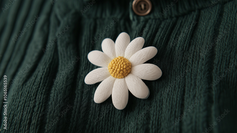 Obraz premium white daisy flower brooch attached to knitwear, crochet brooch, handmade brooch, crochet flower