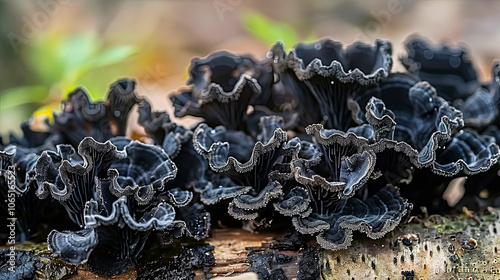 Close-up of black fungus growing intricately on a forest log, showcasing the natural beauty and detailed texture of the fungus in a serene woodland setting.